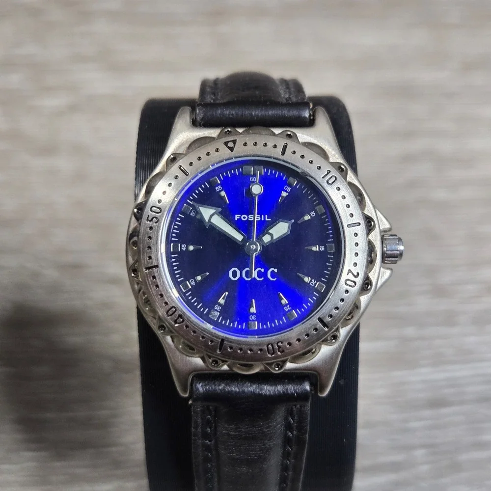 Fossil Blue PR5056 Quartz Watch Blue Dial OCCC Logo Black Leather Strap Working